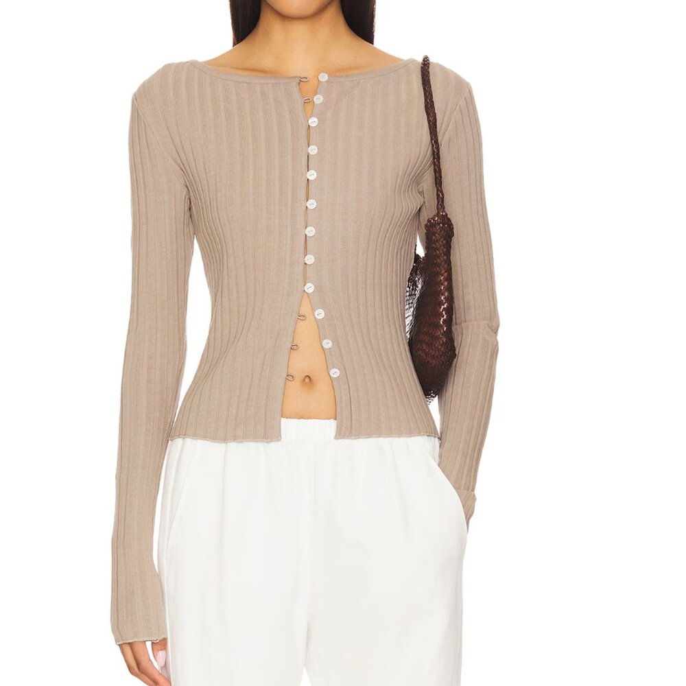 NEW Free People Tilly Long Sleeve Top Fallen Rock Beige Tan Button Up Cardigan